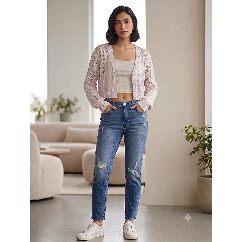 Hollister Light Pink Pointelle Cable Knit Cropped Cardigan Sweater Small Y2K